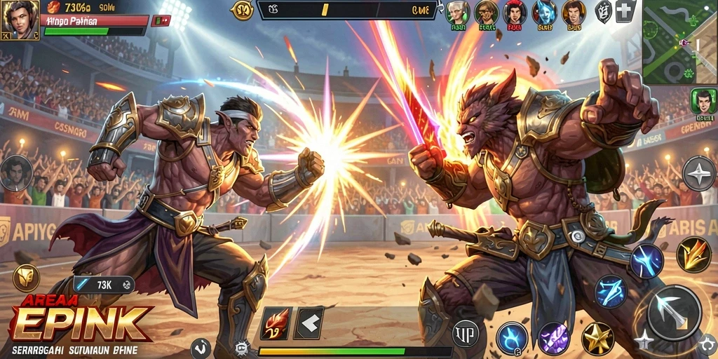 Gameplay seru dengan karakter bertarung di arena.