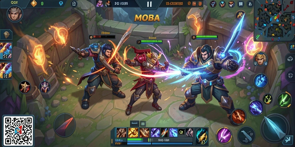 Tampilan gameplay seru dalam pertempuran MOBA di 8QR.
