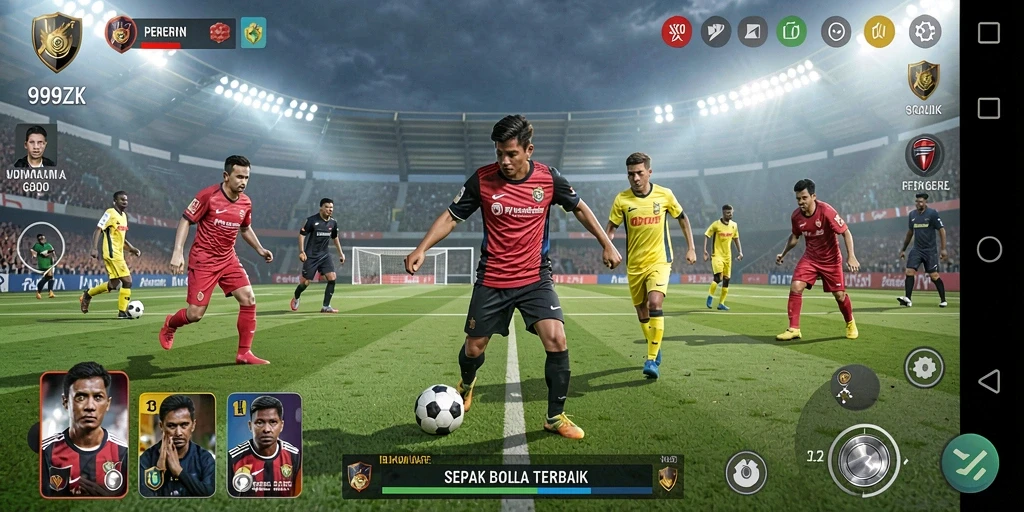Gameplay seru dalam 999ZK dengan pertandingan sepak bola yang intens.
