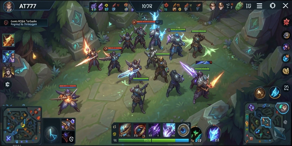 Tangkapan layar dari gameplay seru AT777 dalam pertandingan MOBA.
