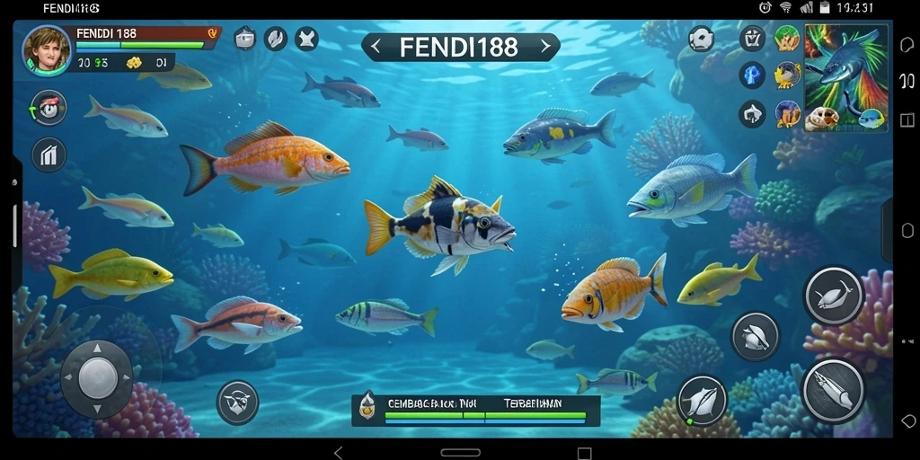 Tampilan gameplay FENDI188 saat menembak ikan yang berwarna-warni.