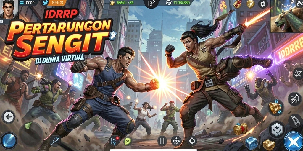 Tampilan pertarungan seru dengan karakter beraksi di arena.