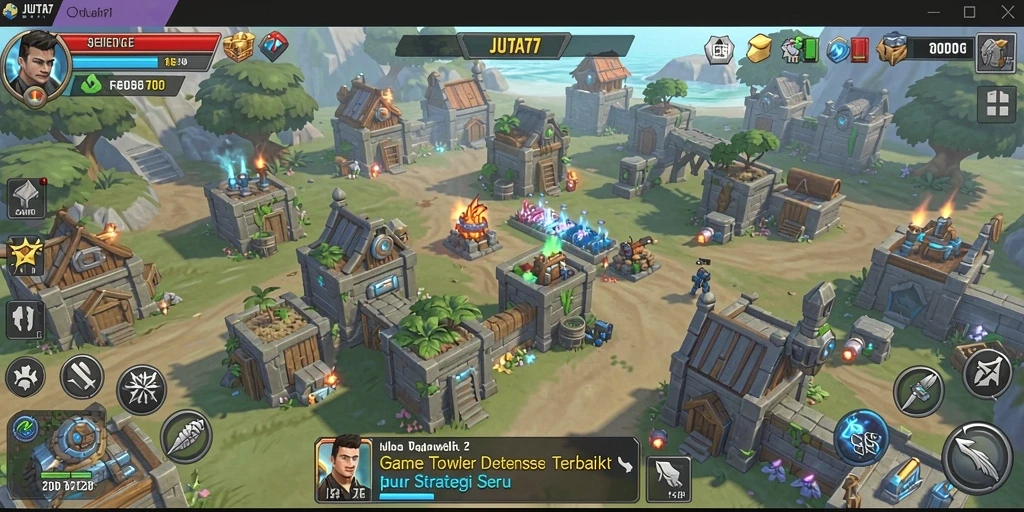 Tangkapan layar dari gameplay JUTA7 yang menampilkan pertempuran Tower Defense.