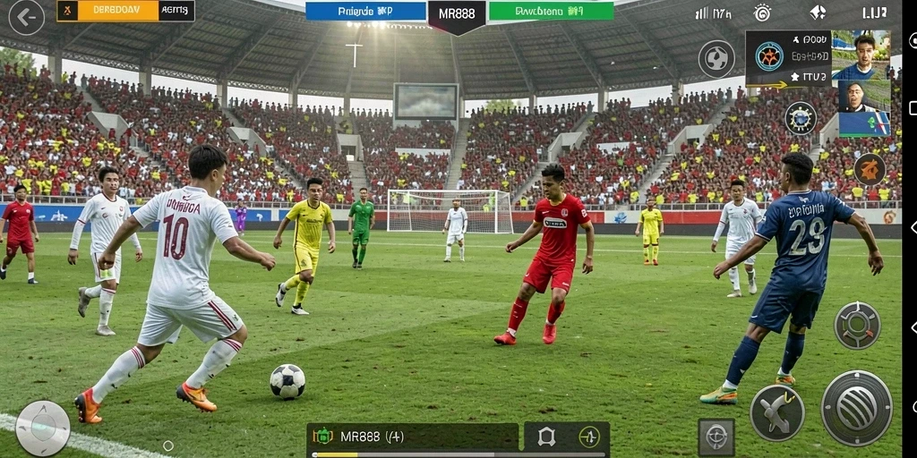 Screenshot gameplay MR888 yang menampilkan aksi sepak bola yang intens.
