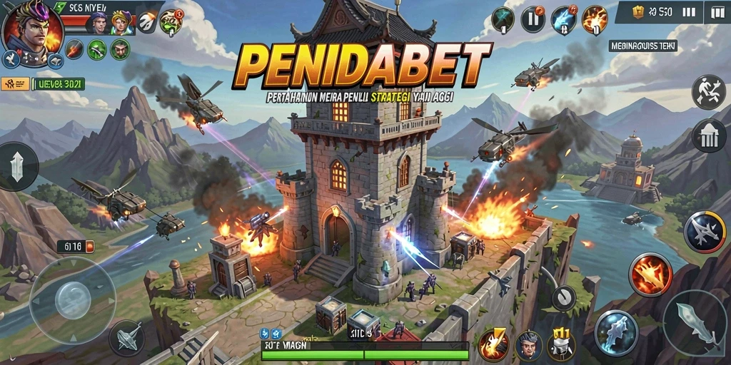 Screenshot gameplay PENIDABET menampilkan pertahanan menara yang strategis.
