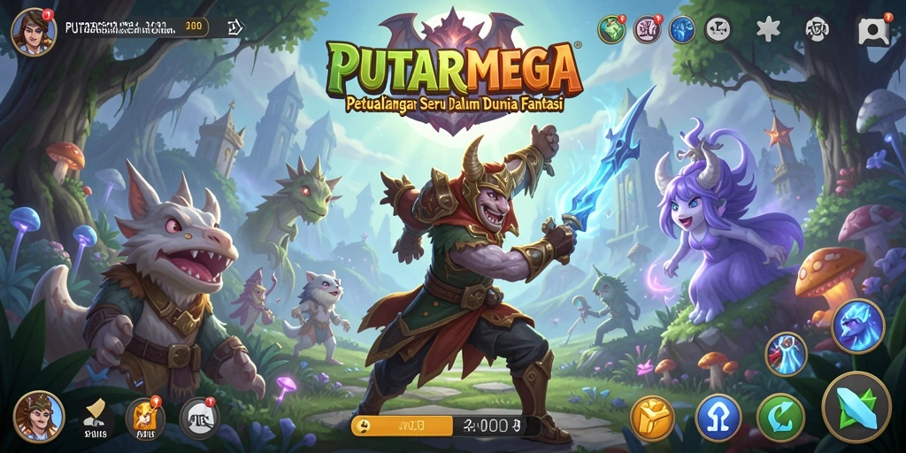 Tampilan gameplay PUTARMEGA yang menampilkan petualangan epik dan pertempuran mendebarkan.